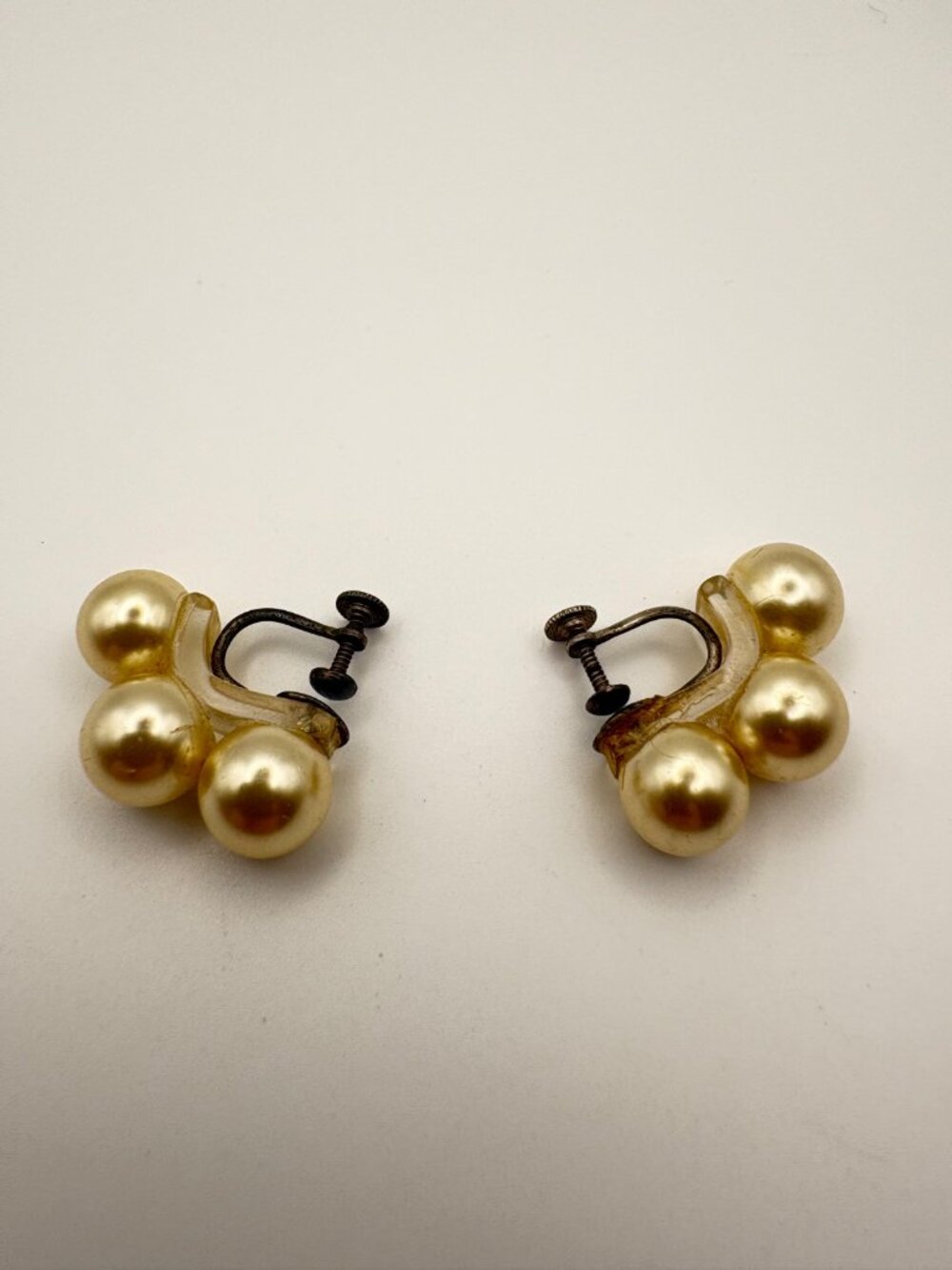 Vintage Sterling Silver Faux Pearl Cluster Screw Back Earrings Lucite Bar